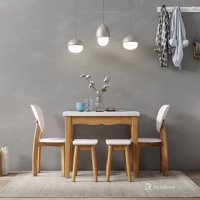 Simple Dining Table Set With Two Chairs Two Stools And Pendant Lights On Gray Wall 3d model