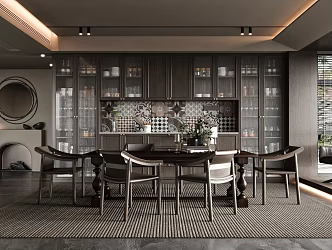 Middle Ancient Style Restaurant Middle Ancient Style Dining Table and Chair Leisure Chair Wine Cabinet Fireplace Decorative Mirror Dining Table Dining Chair Single Chair 3d model
