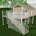 Outdoor Treehouse Structure With Large Tree Green Lawn White Railing And Spiral Slide