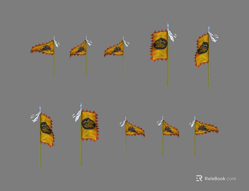 Yellow And Orange Flags With Emblem Design Arranged In Multiple Rows 3d model
