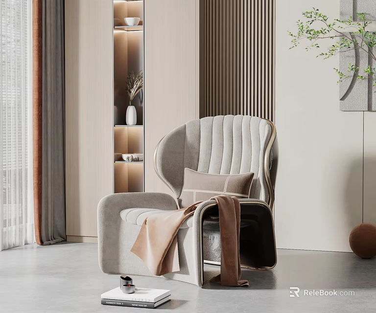 Modern Light Gray Leisure Chair With Brown Cushion And Throw Blanket In Living Room 3d model 