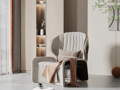 Modern Light Gray Leisure Chair With Brown Cushion And Throw Blanket In Living Room 3d model
