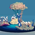Imaginative Scene With Colorful Ball Tree Blue Water Glowing White Plants And Blue Dolphins
