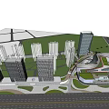 Modern Commercial Complex With Green Roof Tall Buildings And Urban Landscaping