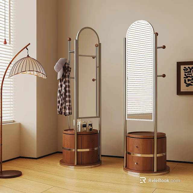 Modern Freestanding Coat Racks With Wooden Base Hanging Hat And Checkered Shirt 3d model 