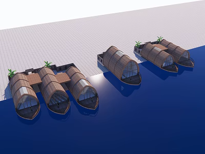 Floating Wooden Boathouses With Plants On Roof Over Calm Blue Water 3d model