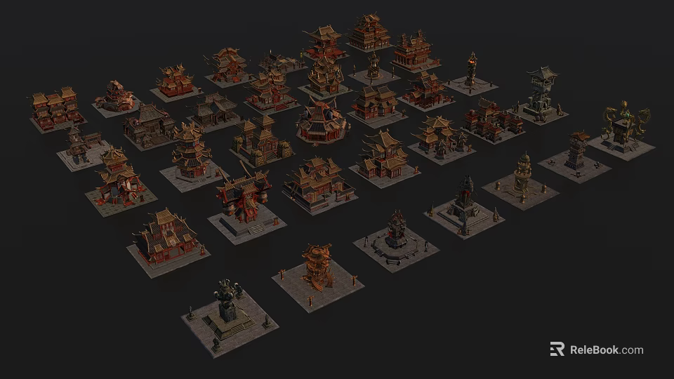 Traditional Architectural Models Including Pagodas Pavilions Palaces Arranged On Square Bases 3d model 