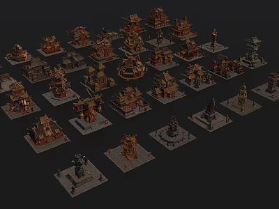 Traditional Architectural Models Including Pagodas Pavilions Palaces Arranged On Square Bases 3d model