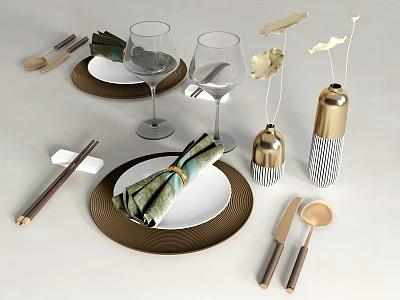 Elegant Modern Dinnerware Set with Plates Napkins Wine Glasses Chopsticks Cutlery and Decorative Vases 3d model