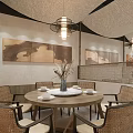 Japanese Restaurant Interior With Wooden Tables Chairs Hanging Lights Wall Art And Shoji Screens