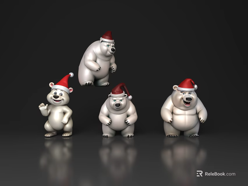 Four White Polar Bear Figurines Wearing Santa Hats On Black Background With Reflections 3d model 