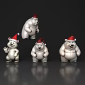 Four White Polar Bear Figurines Wearing Santa Hats On Black Background With Reflections