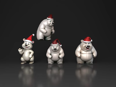 Four White Polar Bear Figurines Wearing Santa Hats On Black Background With Reflections 3d model