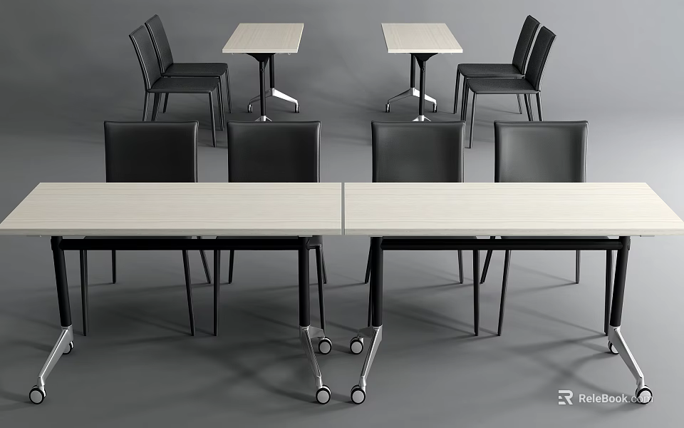 Modern Conference Table With White Tabletop Black Chairs And Wheel Casters 3d model 