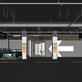 Modern B2 Parking Garage Entrance With Exit Sign Elevator Hall And Green Car