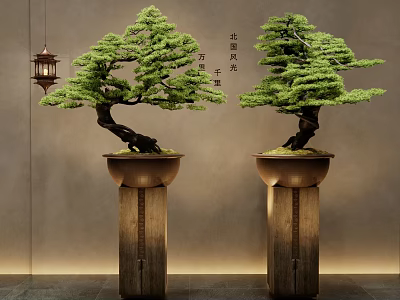 Pine Bonsai Plants on Tall Wooden Stands with Hanging Lantern in Traditional Setting 3d model