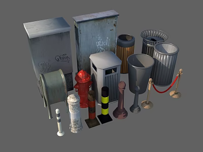 Various Urban Public Facilities Including Trash Cans Fire Hydrant Metal Boxes Bollards And Ropes 3d model