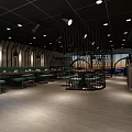 Modern Industrial Hotpot Restaurant Interior With Metal Frame Structures Green Seats And Lighting