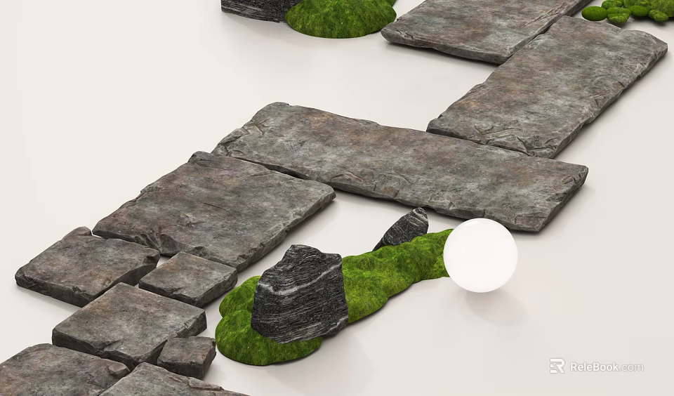 Natural Stone Stepping Stones Path With Green Grass And Decorative Rocks 3d model 