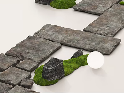 Natural Stone Stepping Stones Path With Green Grass And Decorative Rocks 3d model