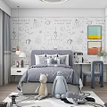 Kids Room Interior With Rocket Wallpaper Bed Pillows Stuffed Toys Desk And Chair