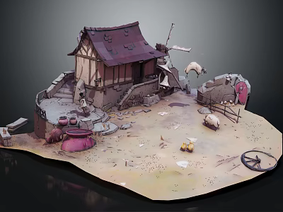 Cartoon Countryside Scene with Cottage Red Roof Windmill Sheep and Wooden Barrels 3d model