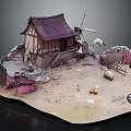 Cartoon Countryside Scene with Cottage Red Roof Windmill Sheep and Wooden Barrels