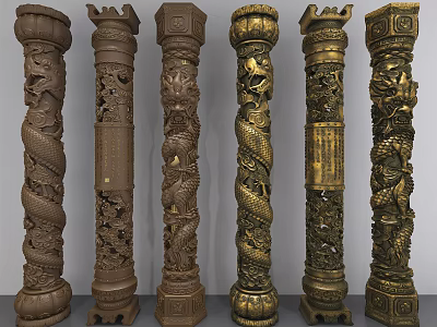 Traditional Chinese Carved Columns With Intricate Dragon Patterns And Classical Designs 3d model