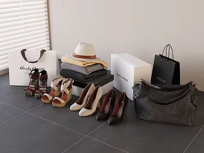 Various Styles of Women's Shoes with Handbags Hat and Clothing in Indoor 3d model
