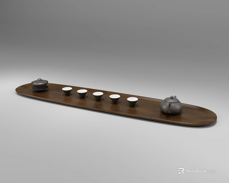 Long Modern Wooden Tea Tray with Two Teapots and Five Teacups 3d model 