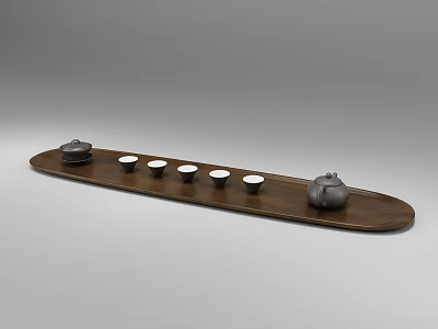 Long Modern Wooden Tea Tray with Two Teapots and Five Teacups 3d model