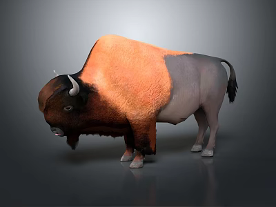 Bison 3D Render With Orange And Gray Fur Horns Standing On Gray Background 3d model