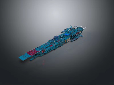 Blue Mechanical Spaceship Model Featuring Elongated Shape And Red White Details 3d model