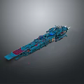 Blue Mechanical Spaceship Model Featuring Elongated Shape And Red White Details