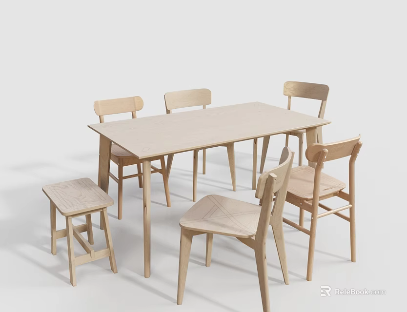 Light Wooden Dining Table Set With Simple Design And Matching Chairs And Stool 3d model