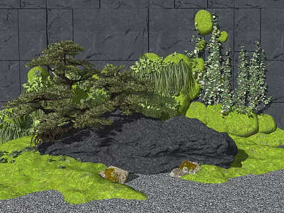 Natural Garden Landscape Featuring Gray Stone Wall Pine Trees Grasses and Mossy Rocks 3d model