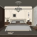 Cozy Beige Bedroom Interior with Brown Wardrobe Chandelier Painting Nightstand Chair and Book on Carpet