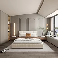 Modern Neutral Bedroom With Upholstered Bed Layered Bedding Nightstands And Floor Lamp