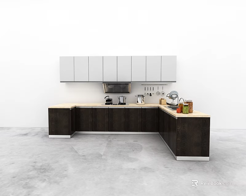 Modern Kitchen Design Featuring White Upper Cabinets And Dark Lower Cabinetry 3d model