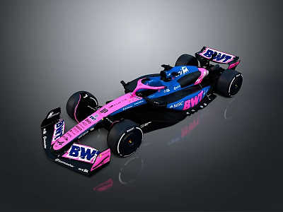 Formula Racing Car With Pink And Blue Livery BW Logo Aerodynamic Design 3d model