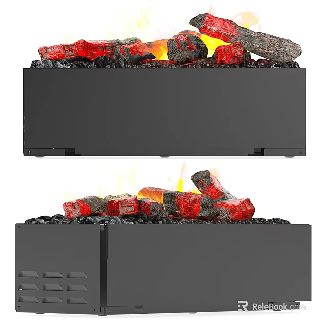 Modern Indoor Fireplace With Burning Logs And Red Embers In Black Design 3d model 