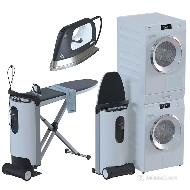 Essential Household Appliances Including Iron Ironing Board And Stacked Washer Dryer 3d model 