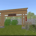 Rural Mountain Villa Landscape With Wooden Archway Red Lanterns Green Lawn And Stone Wall