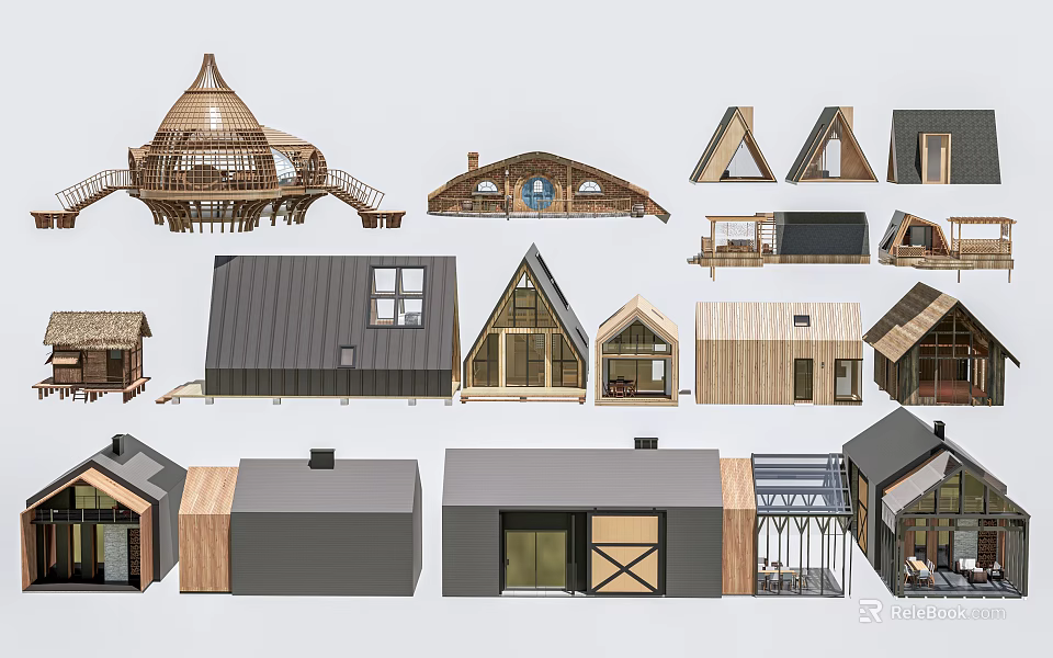 Boutique Guesthouse Buildings Showcasing Diverse Roof Styles Wooden Metal Structures And Large Windows 3d model 