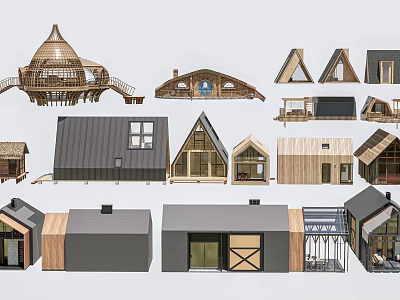 Boutique Guesthouse Buildings Showcasing Diverse Roof Styles Wooden Metal Structures And Large Windows 3d model