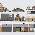 Boutique Guesthouse Buildings Showcasing Diverse Roof Styles Wooden Metal Structures And Large Windows