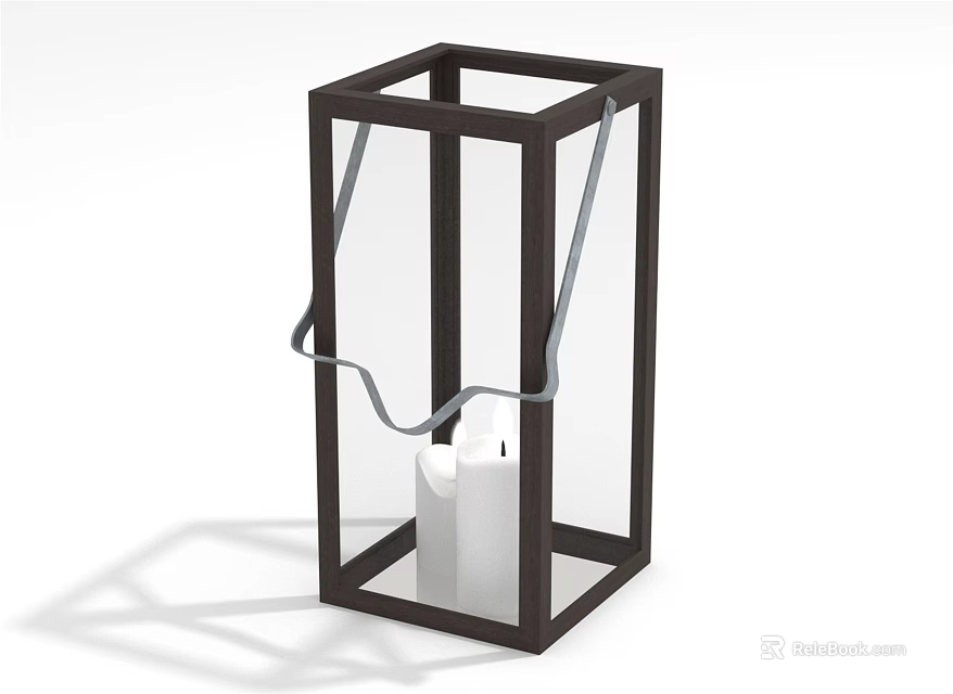 Sleek Square Black Metal Candle Lamp With Clear Glass Panels White Candle And Handle 3d model 