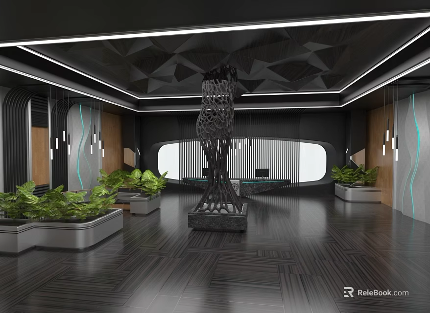 Modern Elevator Lobby Design With Black Ceiling Geometric Patterns White Stripes And Green Plants 3d model 