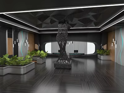 Modern Elevator Lobby Design With Black Ceiling Geometric Patterns White Stripes And Green Plants 3d model