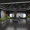 Modern Elevator Lobby Design With Black Ceiling Geometric Patterns White Stripes And Green Plants